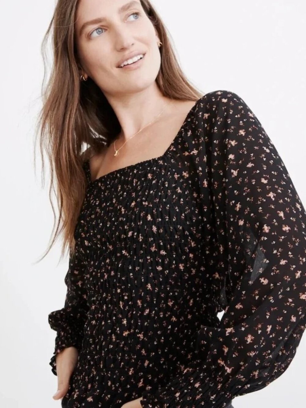 Madewell 100% Cotton Smocked Black Floral Square Neck Blouse Size 2
